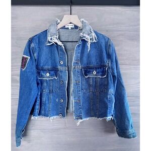 Sunset + Spring Distressed Denim Jacket Beaded‎ Embellished Patch Size XS